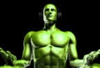 Brilliant digital image of green man with headphones meditating