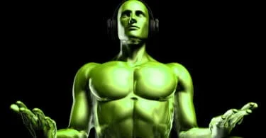 Brilliant digital image of green man with headphones meditating