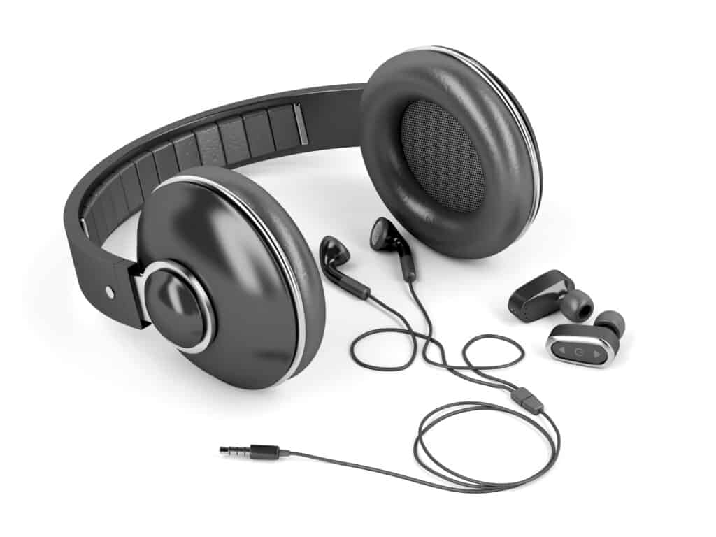Different types of earphones Different types of headphones displayed on white background