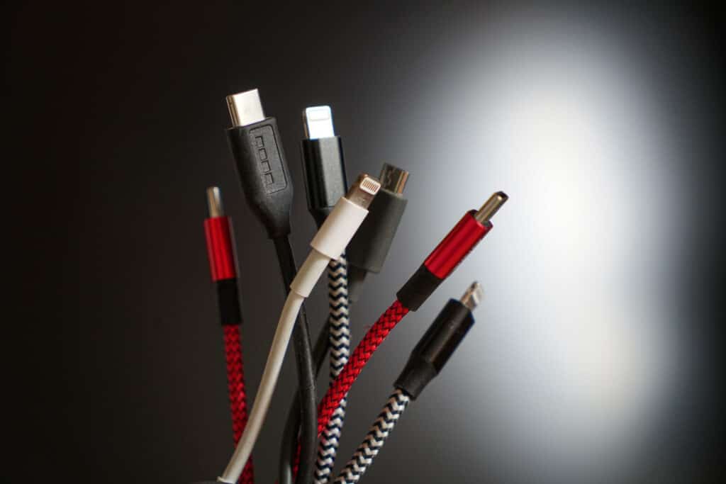 Different charging cables such as USB, USB-C, Micro USB, lightni Different charging cables such as USB, USB-C, Micro USB, lightning cable for new EU legislation on USB-C universal charging cable.