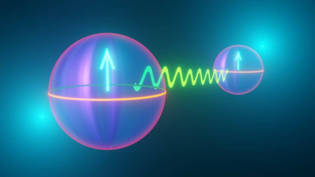 Quantum computing - spooky action on distance - entanglement, Bell state, measured, qubit states represented by Bloch spheres, 3D rendering Quantum computing terms - spooky action on distance - entanglement, Bell state, measured, qubit states represented by Bloch spheres, 3D rendering
