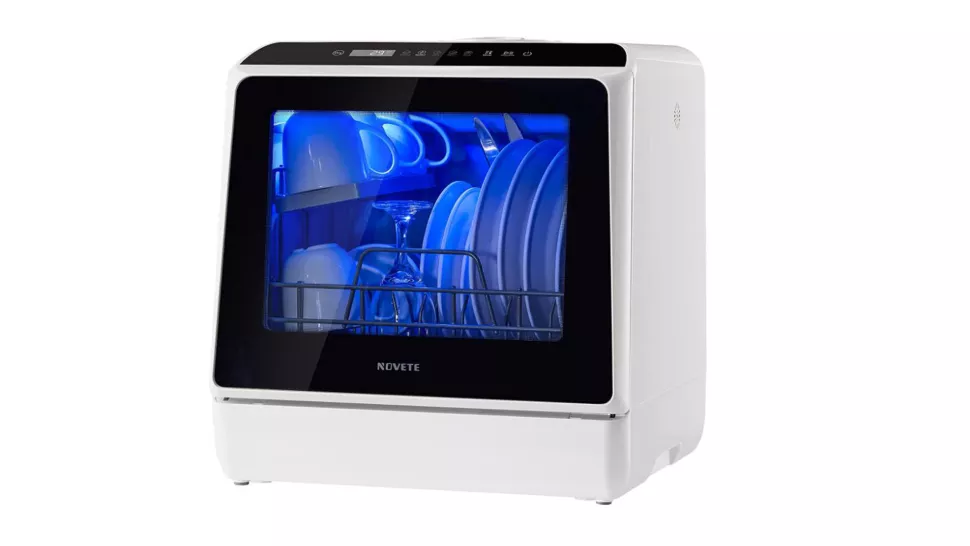 NOVETEdishwasher Introducing the NOVETE Compact Dishwasher - a portable countertop dishwasher that's ready to take on all your dishes! This powerful dishwashing machine fits perfectly into small spaces such as apartments, dorms and RVs. It comes with 5 washing programs and a built-in water tank and inlet hose, allowing you to easily clean up after meals with just the press of a button. An air dry function and LED light are also included, making it easier than ever to keep your dishes spotless and sparkling. With over 1,300 reviews on Amazon, this dishwasher has been rated as an Amazon's Choice product - so you can trust that it's a great value for your money. Get ready to make dishwashing a breeze with the NOVETE Compact Dishwasher!