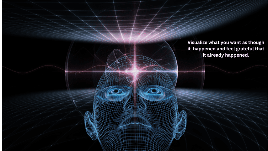 Visialize what you want as though it already happened. digital human head with glowing third eye