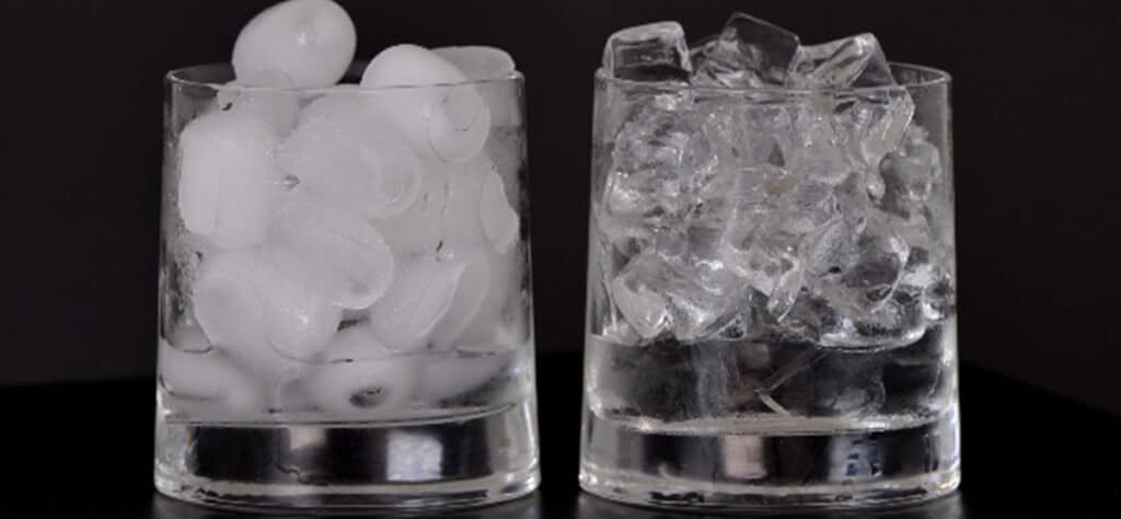 cloudy-or-clear-ice Two glasses of ice, one with cloudy ice and one with clear ice