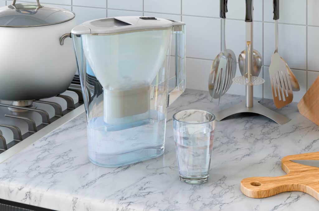 Pitcher water filter on the kitchen table.