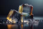 Melting Ice cubes with water drops on a table. Clear ice in cube shape. Frozen water. Ice maker. Fake or Artificial acrylic or plastic ice cubes, back lighting